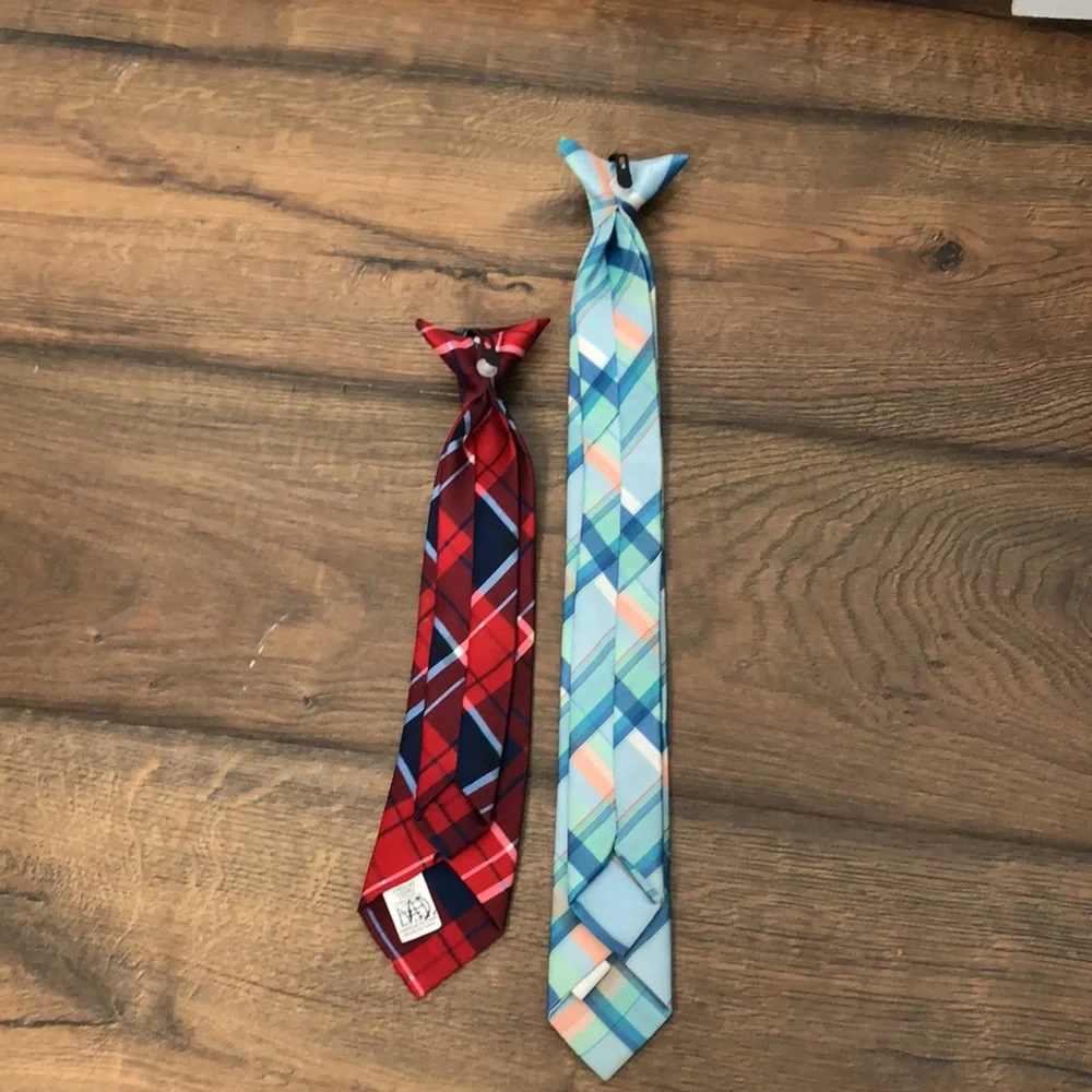 Two toddler ties, one turquoise & blue plaid and the other red & blue plaid
